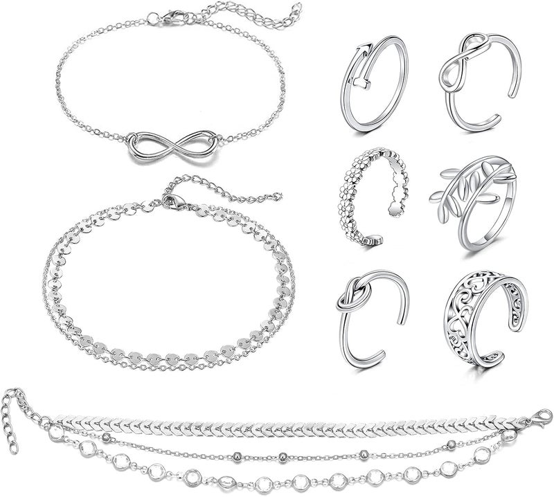 JFORYOU Toe Rings for Women Adjustable Open Toe Rings with Anklet Set CZ Flower Toes Ring for Summer Beach Foot Jewelry - Image 1